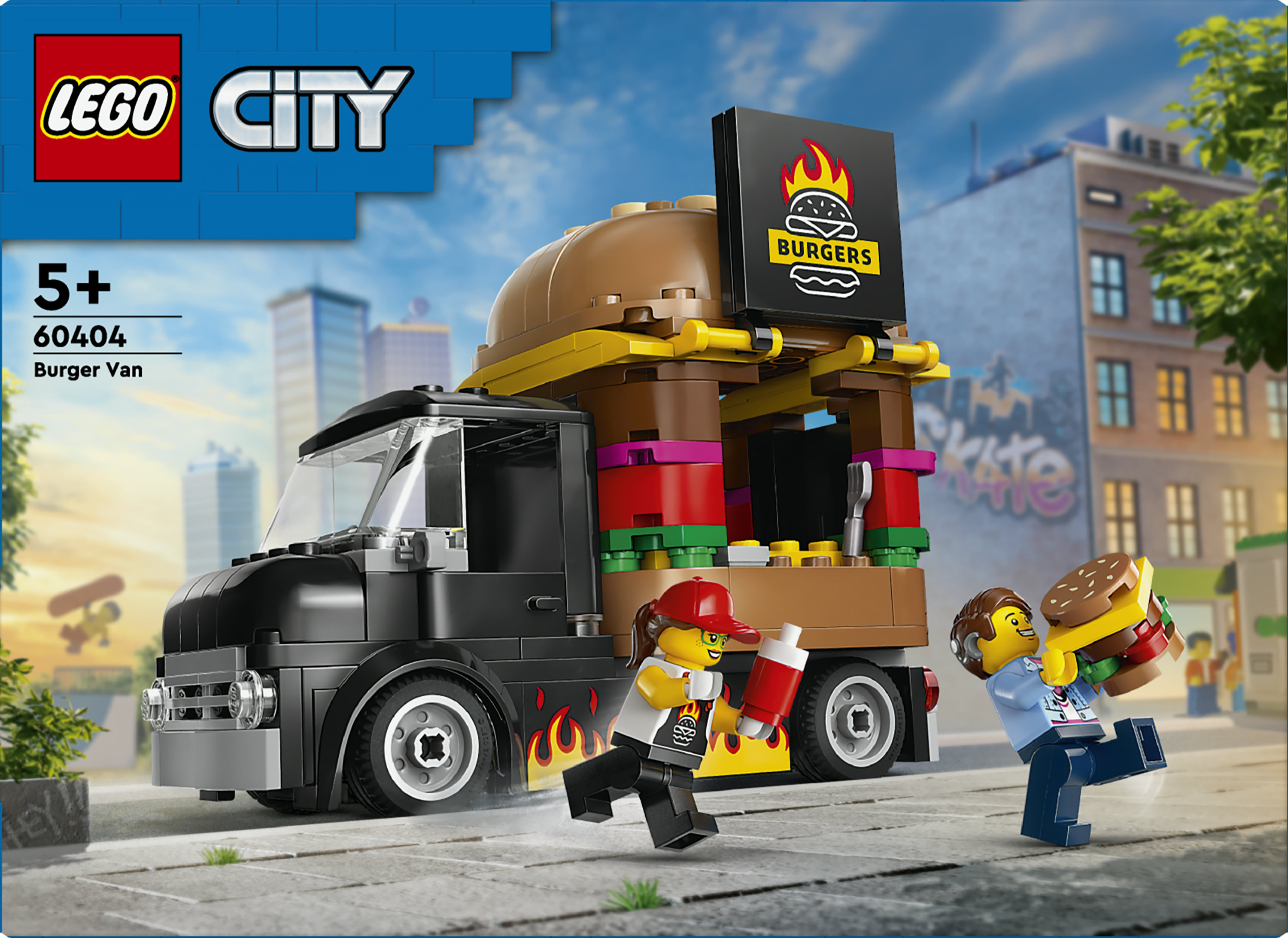 LEGO City 60404 Furgone degli Hamburger Giocattolo, Veicolo per Bambini da 5+, Camion Food Truck con Accessori e 2 Minifigure