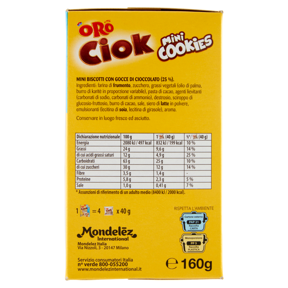Oro Ciok Mini Cookies, mini biscotti con gocce di cioccolato - 160g