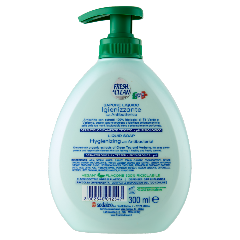 Fresh & Clean Sapone Liquido Igienizzante con Antibatterico Tè Verde e Verbena 300 ml