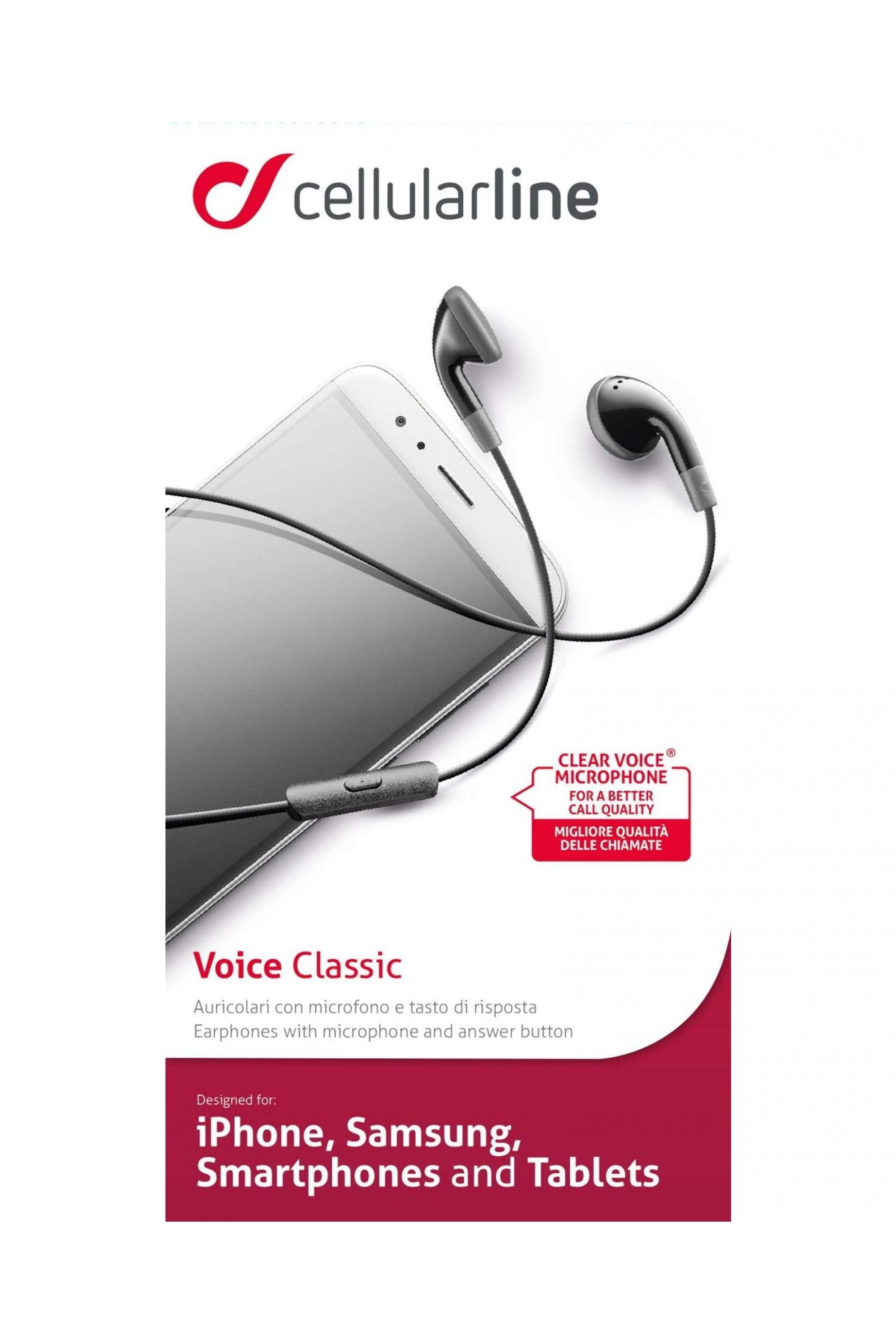 Cellularline VOICE CLASSIC Auricolari classici con microfono, tasto di risposta e connettore Jack 3.5mm
