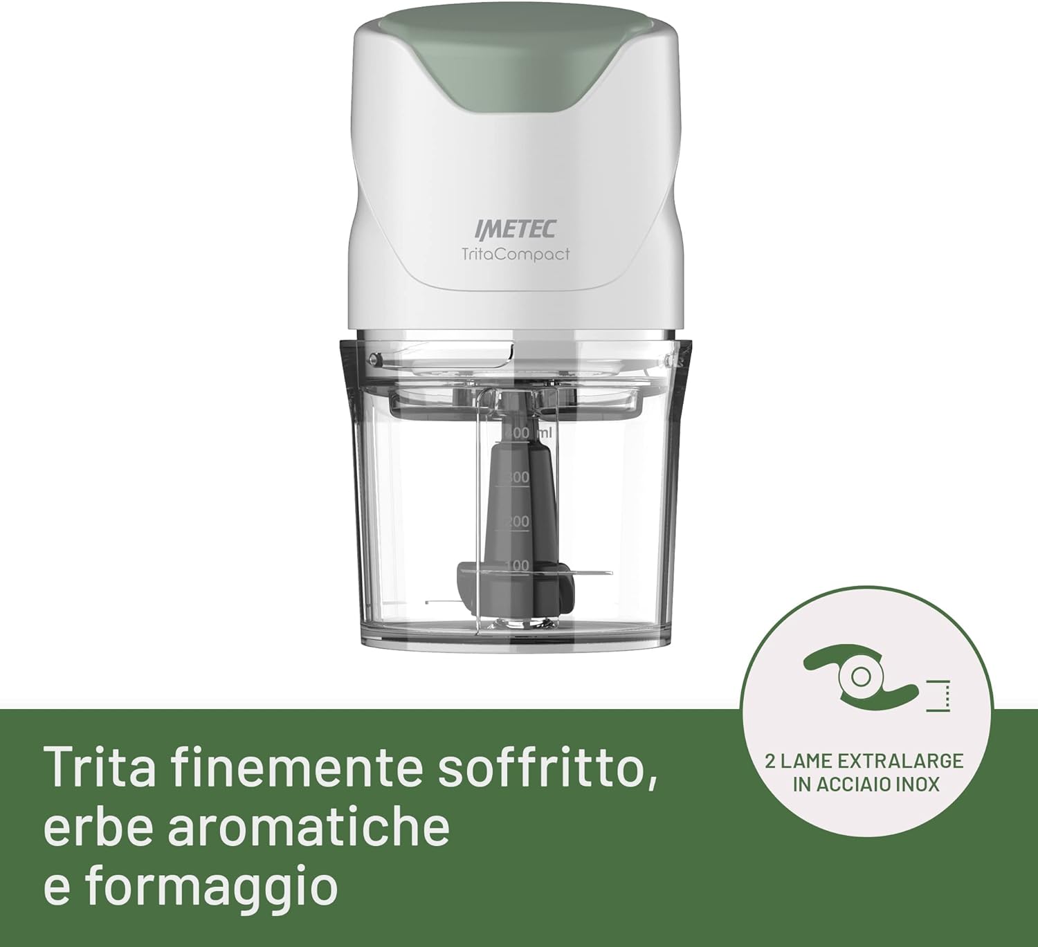 Imetec Tritacompact tritatutto, Lame in acciaio inox, Capienza contenitore 400 ml, Funzionamento a pressione, Compatto, 350 w