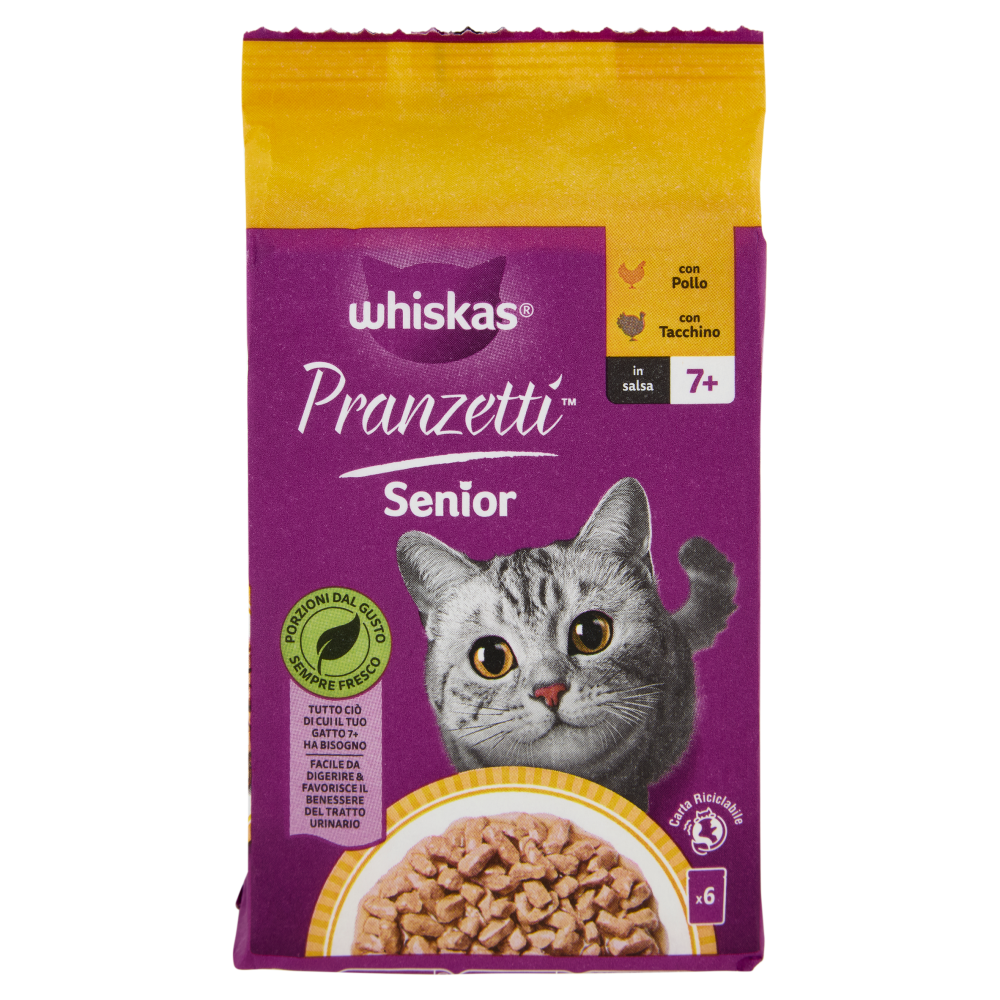 Whiskas Pranzetti Senior Cibo Umido Gatto con Pollo e Tacchino in Salsa 6x50g