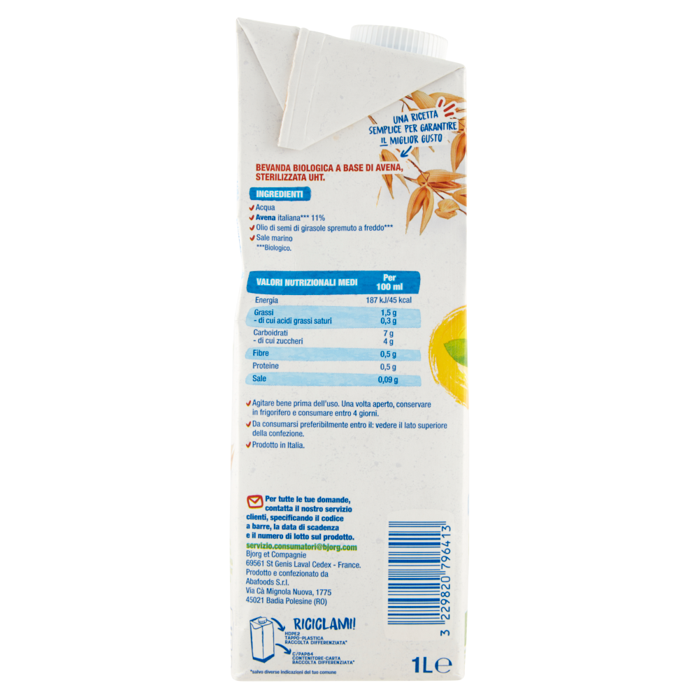 BJORG Avena Bevanda Vegetale Bio, Avena Italiana, Senza Zuccheri Aggiunti, Prodotto in Italia, 1L