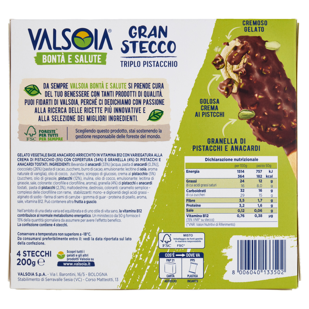 Valsoia Bontà e Salute Gran Stecco Triplo Pistacchio Mini 4 x 50 g