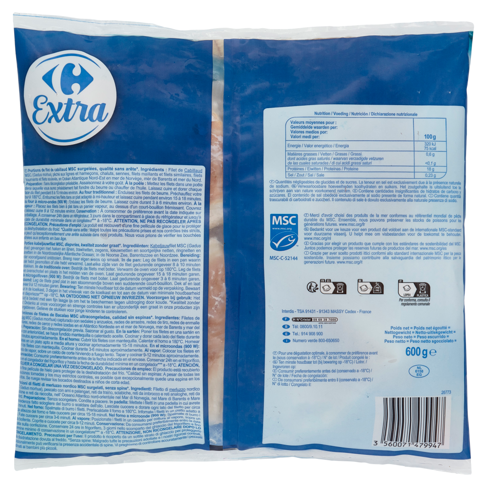 Carrefour Extra Filetti Merluzzo Senza Spine* Surgelato 600 g