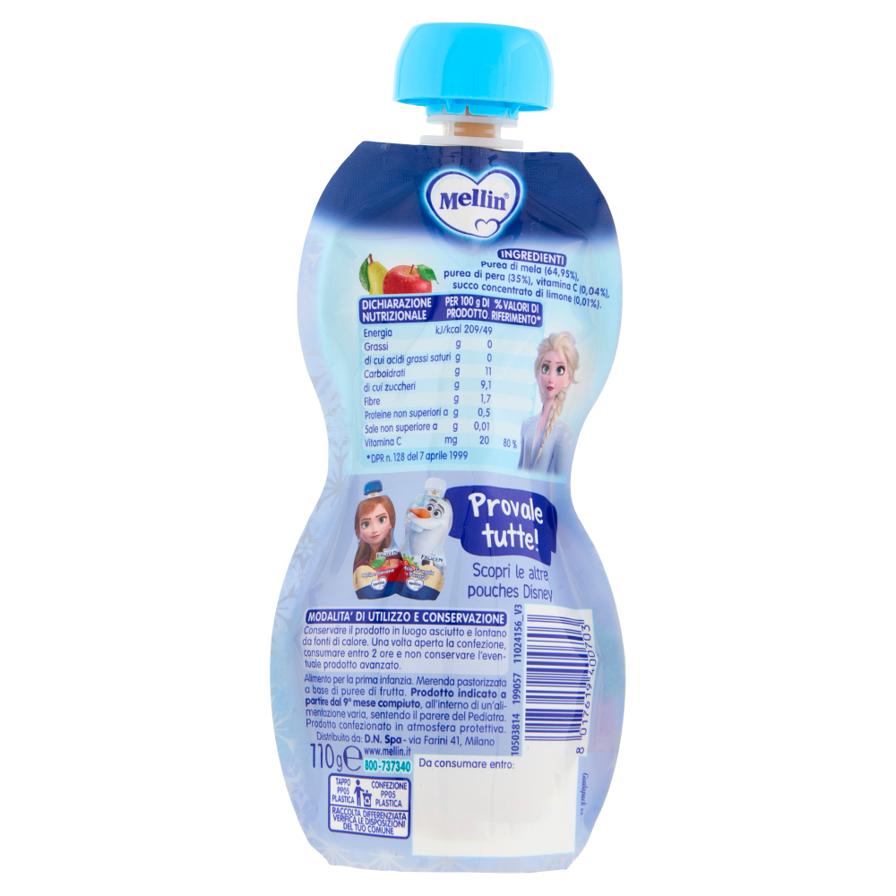 MELLIN Disney Frozen Elsa Merenda di Frutta 100% con VitC, Mela e Pera, dal 9° mese, 110g
