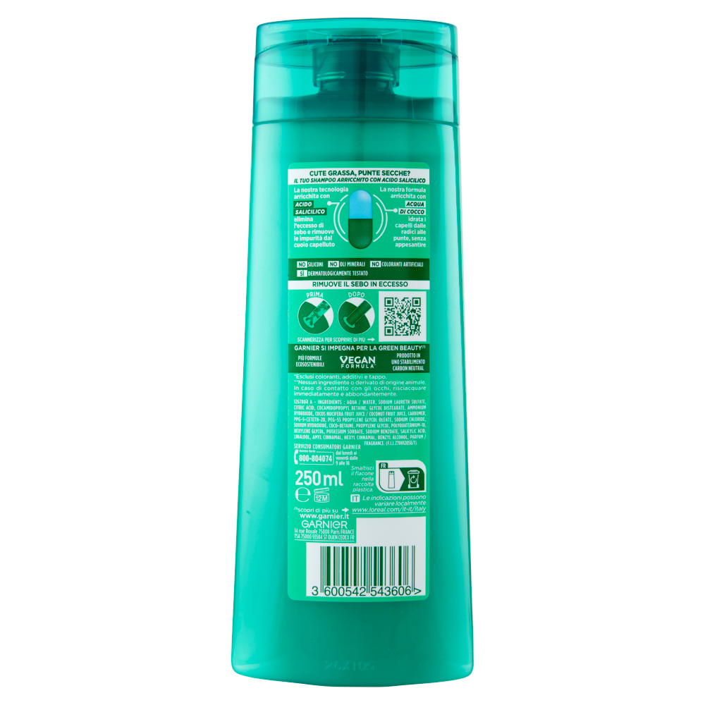 Garnier Fructis Shampoo Pure Non-Stop Coconut water, shampoo purificante, 250 ml