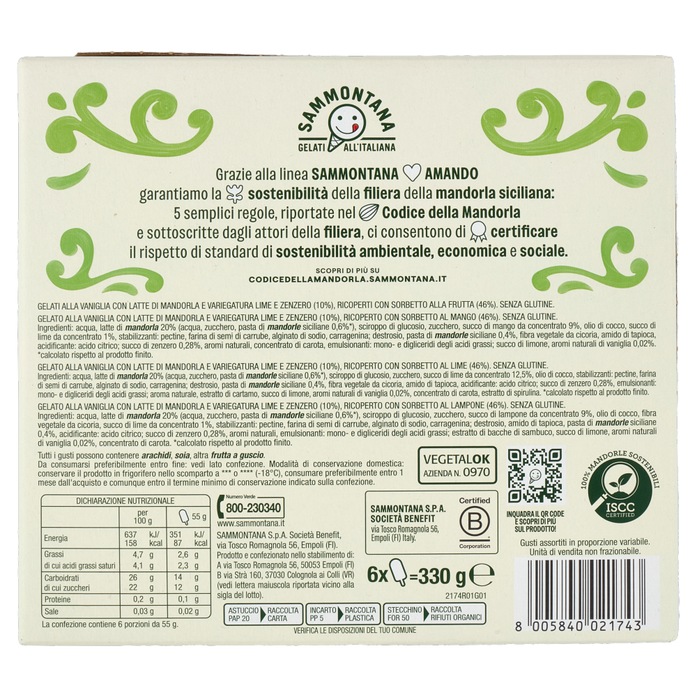 Sammontana Amando 6 Stecchi Gelato alla Vaniglia Variegato Lime e Zenzero Lime,Lampone,Mango 6x55g
