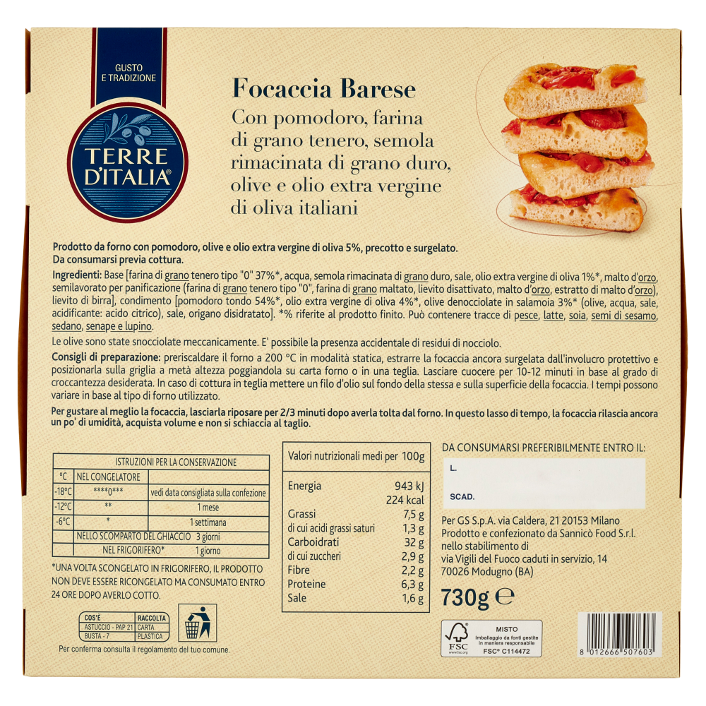 Terre d'Italia Focaccia Barese Surgelata 730 g