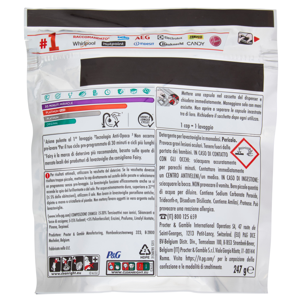 Fairy Pastiglie Lavastoviglie Platinum Plus All in One Miracle, Detersivo Piatti Limone 15 Caps 247g