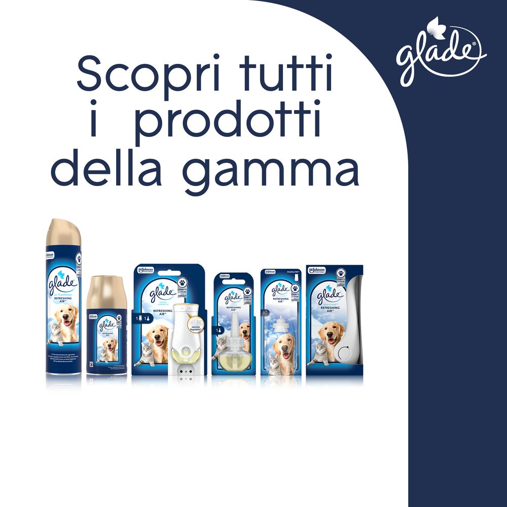Glade Sense and Spray Ricarica Profumatore per Ambienti con Olii Essenziali e Sensore di Movimento, Fragranza Refreshing Air™, Elimina gli odori degli animali domestici, 18 ml
