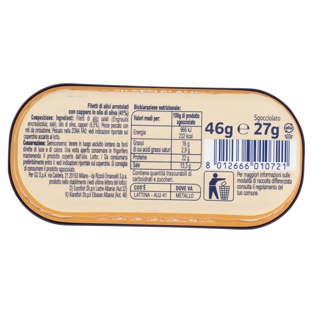 Carrefour Classic Filetti di Alici Arrotolati con Cappero in Olio di Oliva 46 g