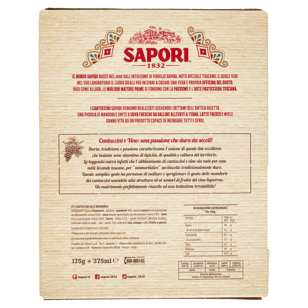 Sapori Cantuccini Toscani IGP alle Mandorle 175 g + Vino Liquoroso Pergoleto 375 ml