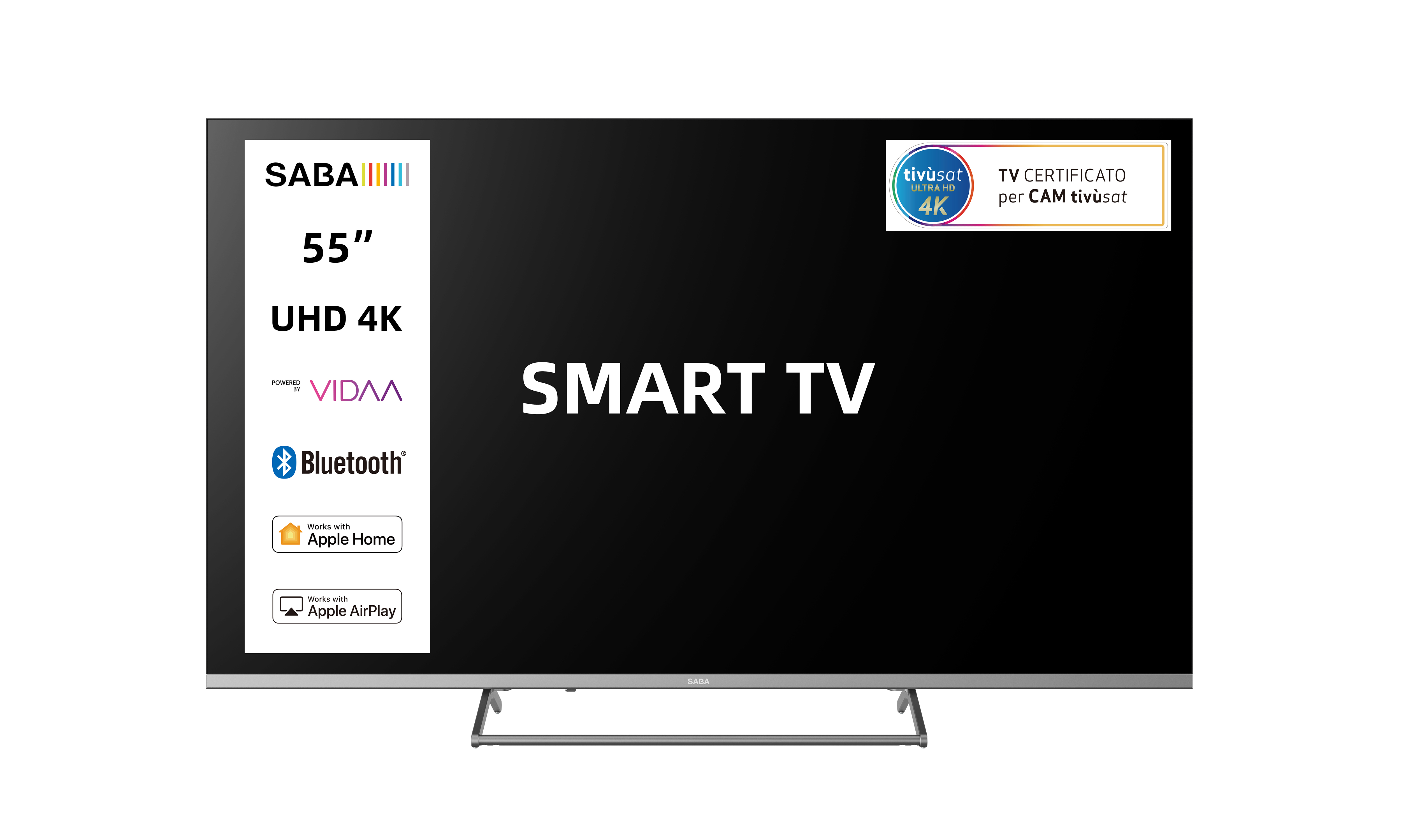 SABA SA55KM10VDA SMART TV 55" ULTRA HD 4K, Sistema operativo VIDAA, Triplo tuner DVBT2/C/S2 HEVC MAIN10, Certificato TivuSAT, Piedistallo centrale, Dolby Audio