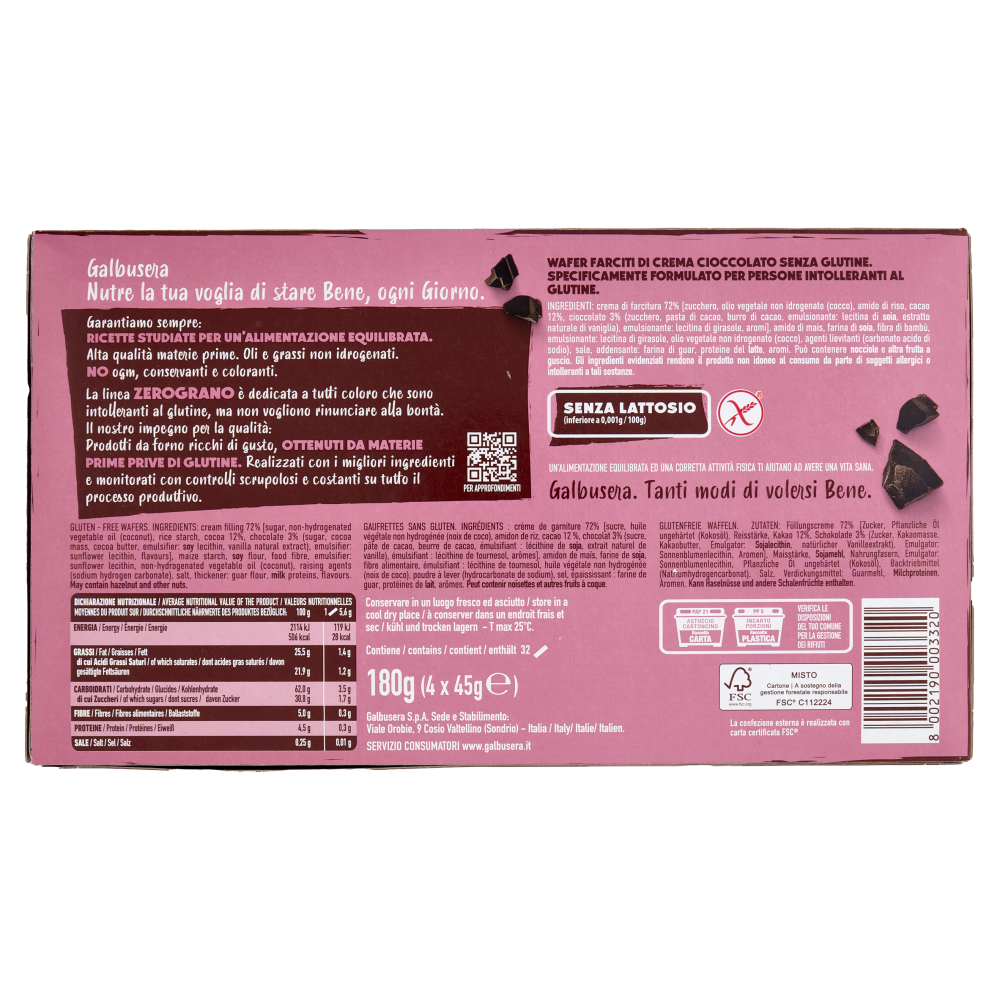 Galbusera ZeroGrano Wafer Cioccolato Senza Glutine 4 x 45 g