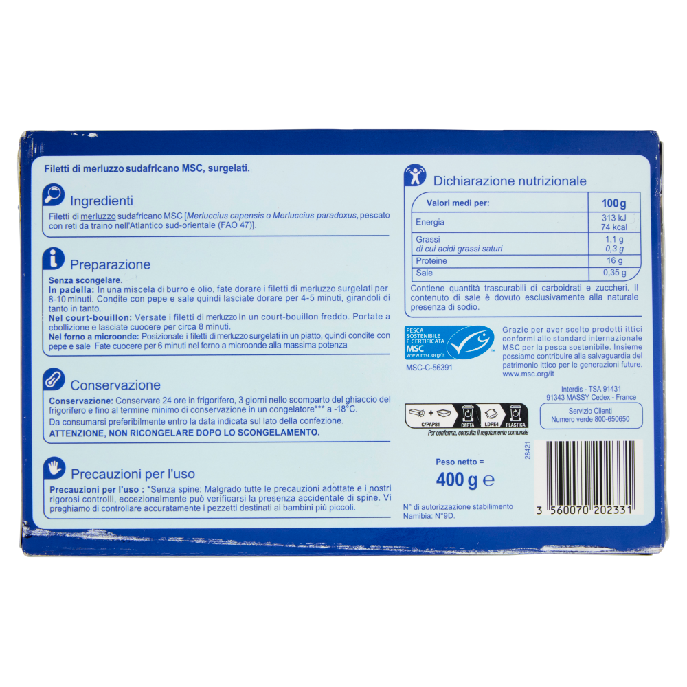 Carrefour Extra 4 Filetti di Merluzzo Sudafricano Senza Spine* Surgelato 400 g