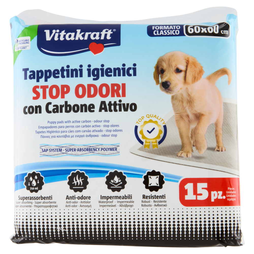 Vitakraft Tappetini igienici Stop Odori con Carbone Attivo 60x60 cm 15 pz