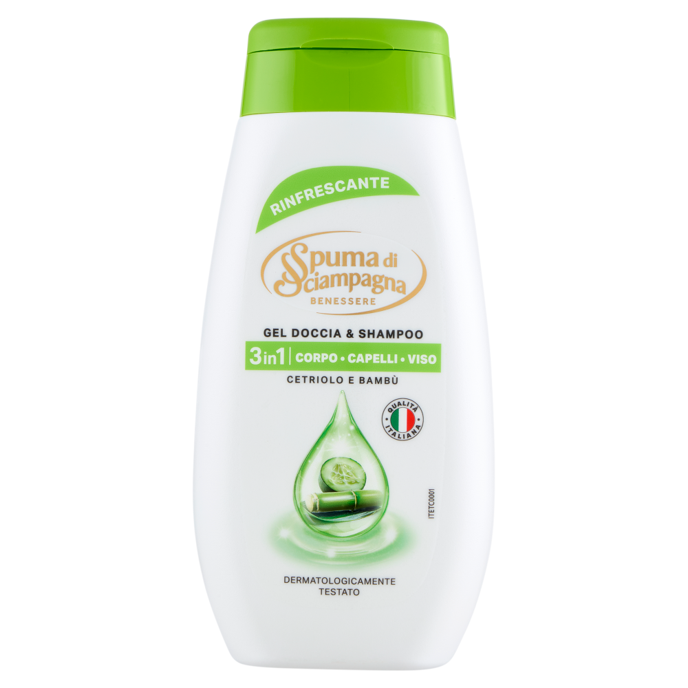 Spuma di Sciampagna Benessere Gel Doccia & Shampoo Rinfrescante Cetriolo e Bambù 250 ml