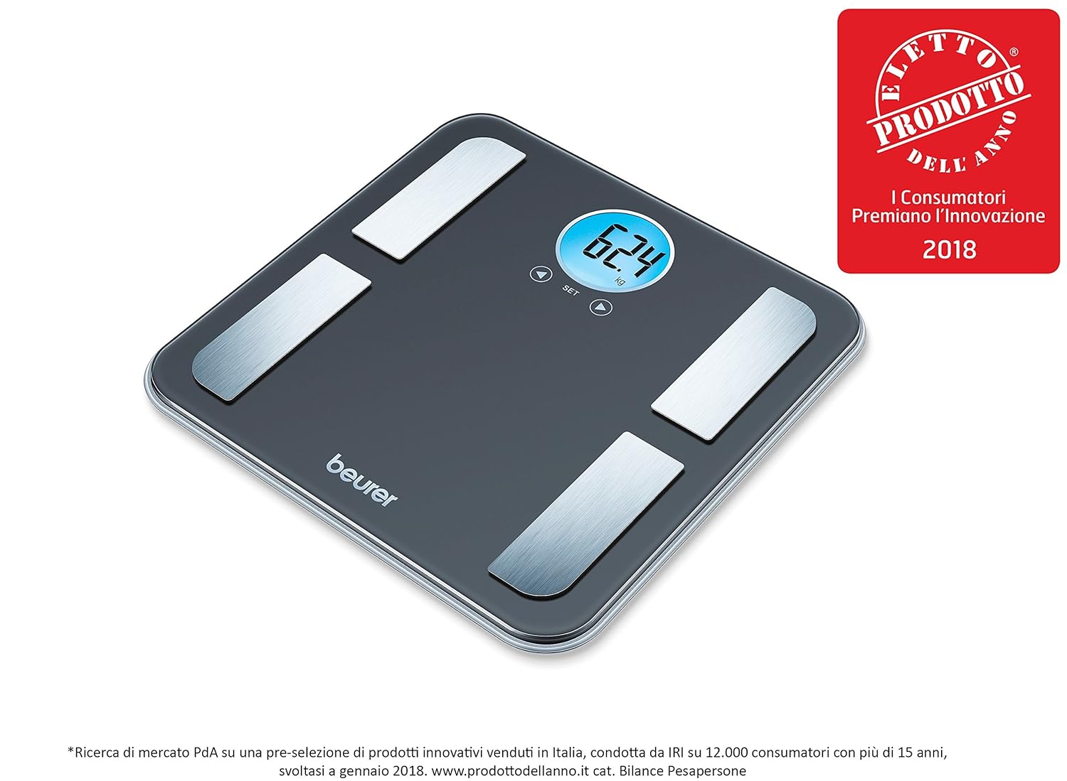 Beurer BF 195 Bilancia Diagnostica in Vetro, con Display LCD Rotondo, adatta per la determinazione del grasso corporeo, della percentuale muscolare e del fabbisogno calorico