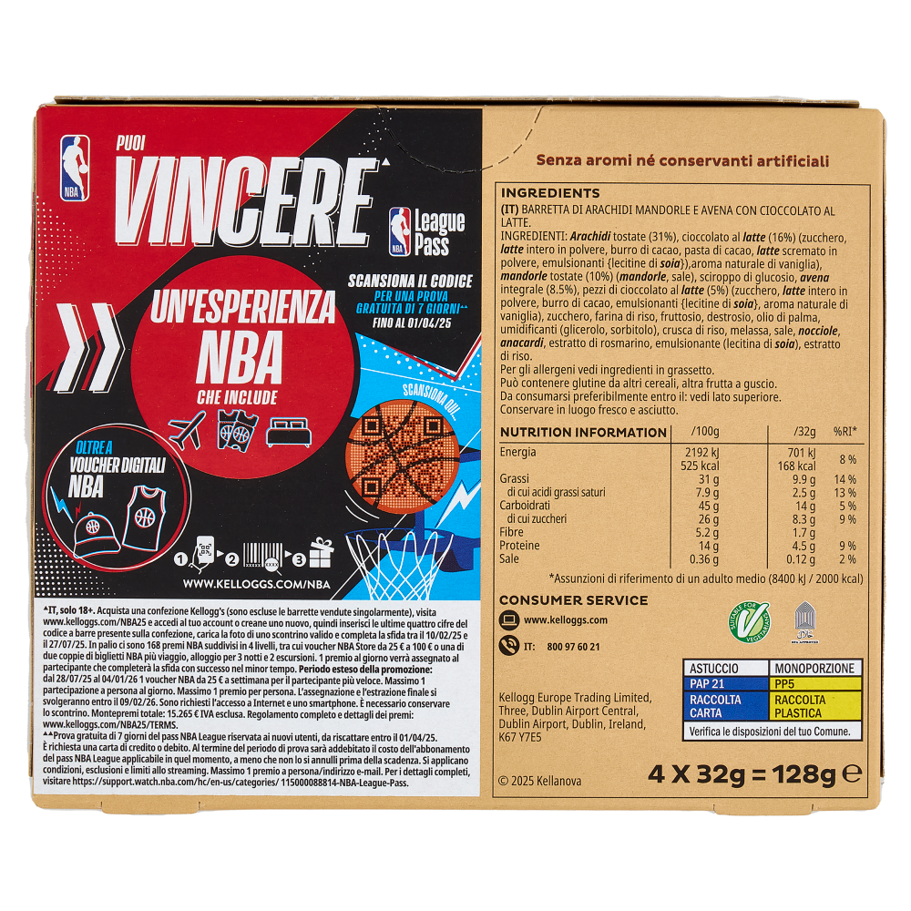 Kellogg's Barretta Mandorle e Cioccolato al latte 4 x 32 g