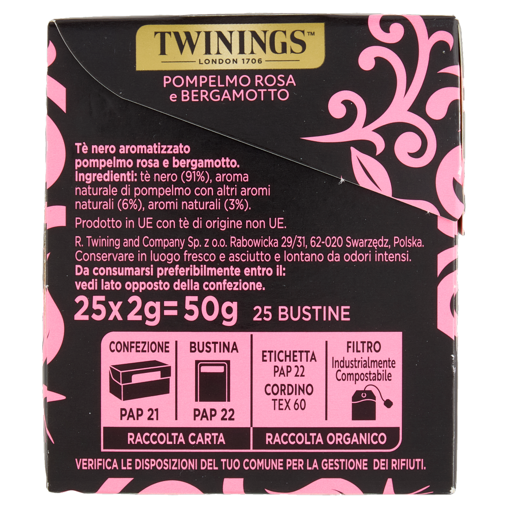 Twinings Pompelmo Rosa e Bergamotto Tè Nero aromatizzato 25 filtri The 50 g
