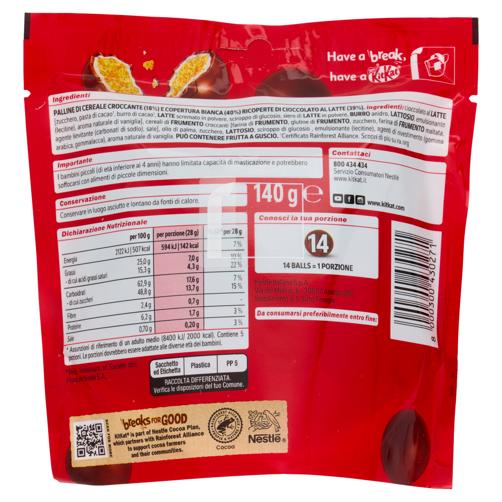 KITKAT Ball Palline di Cereale ricoperte di Cioccolato al Latte Sacchetto 140g