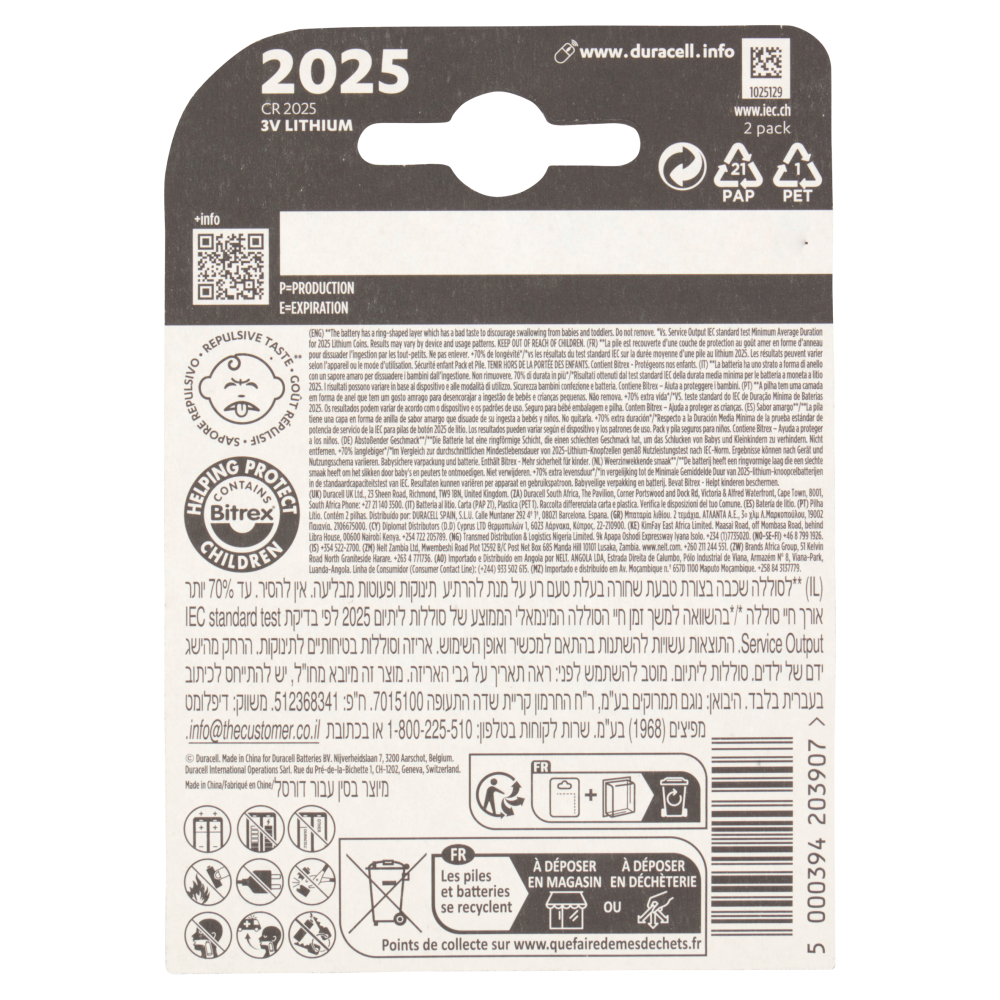 Duracell 2025 Batteria Bottone al Litio Specialistica 3V pacco da 2 pile con Tecnologia Baby Secure