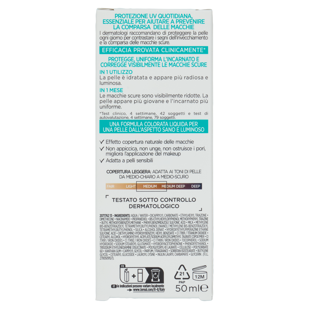 L'Oréal Paris Bright Reveal Fluido UV Illuminante Colorato SPF50 Medio, 50 ml