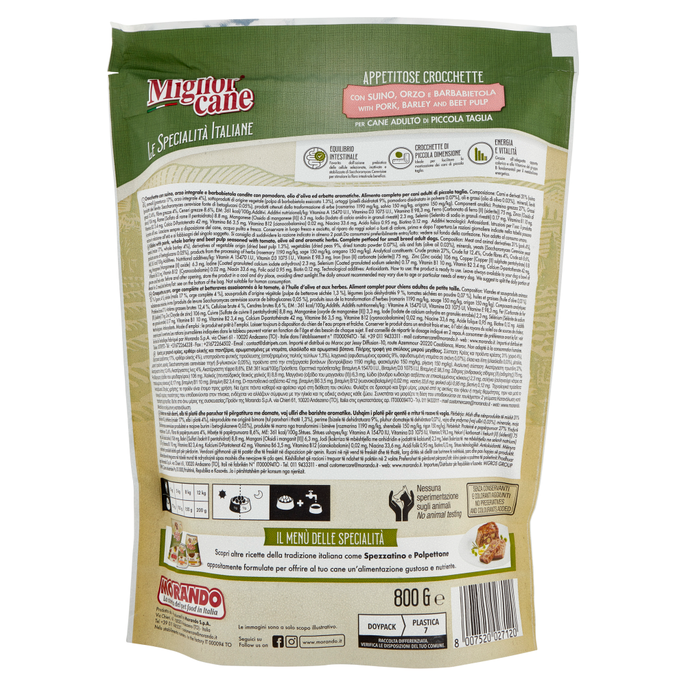 Migliorcane Le Specialit&agrave; Italiane Crocchette Suino,Orzo,Barbabietola Cane Adulto Piccola Tagl. 800G
