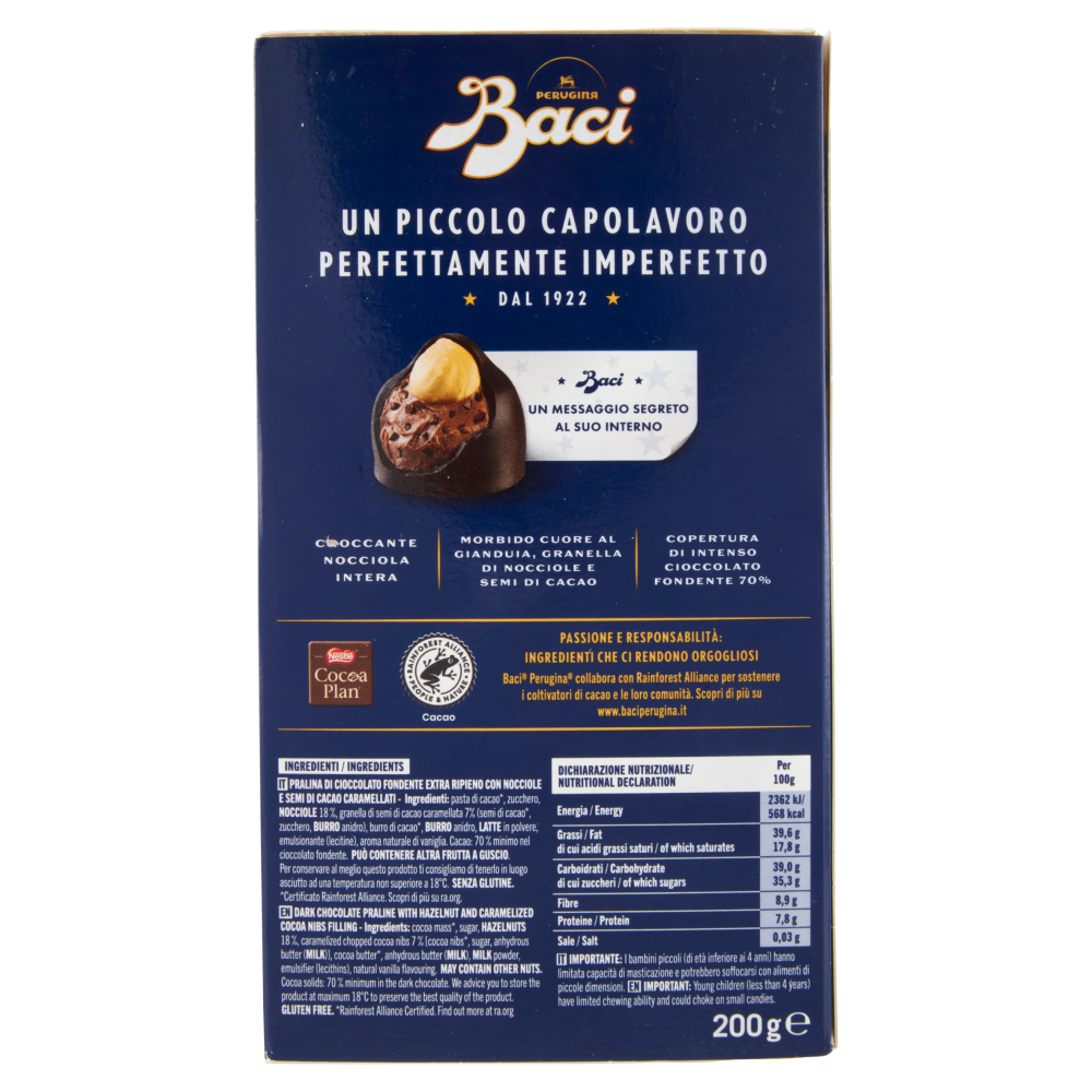 BACI PERUGINA Fondente 70% Cioccolatini Fondenti ripieni al Gianduia Scatola 200g