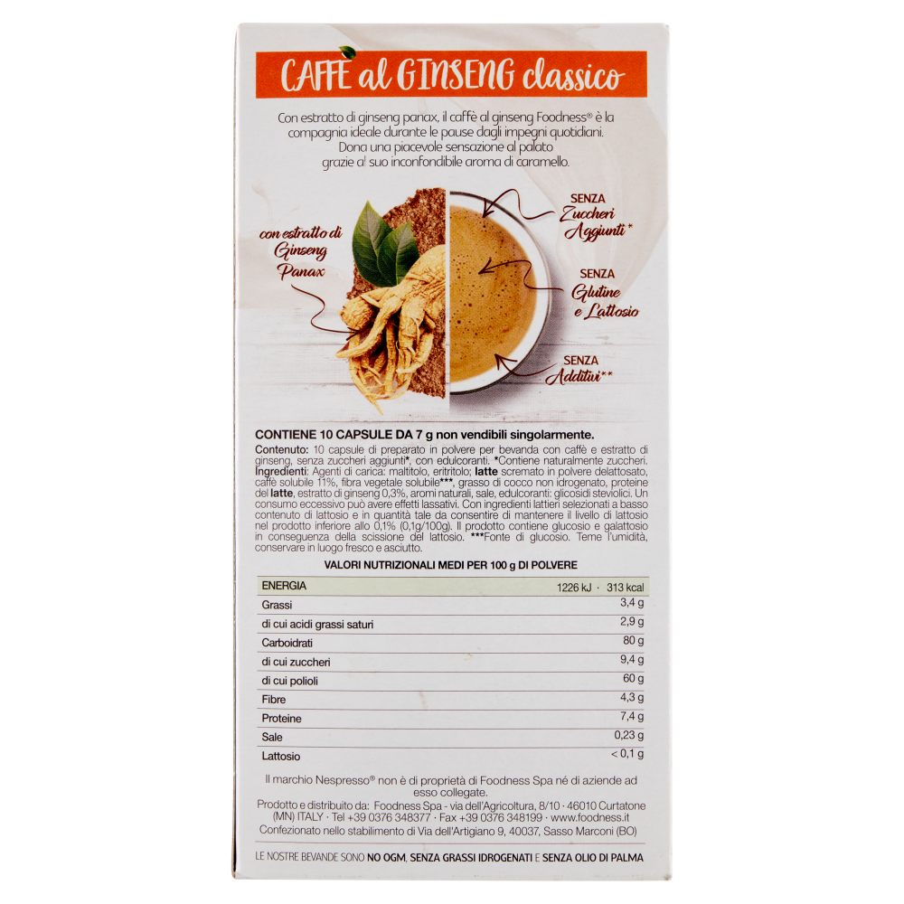 foodNess Caffè al Ginseng Classico Compostabile Nespresso Compatibile 10 x 7 g