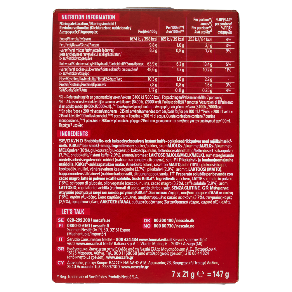 NESCAFÉ KitKat Mocha Caffè Solubile con Latte e Cacao 7 Bustine 21g