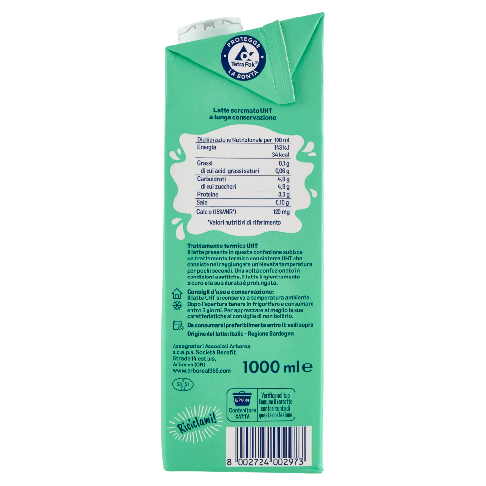 Arborea Latte Scremato UHT a Lunga Conservazione Senza Grassi 1000 ml