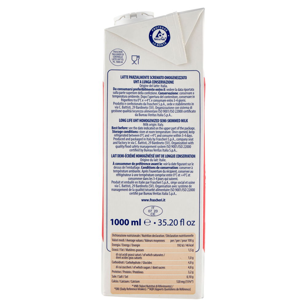 Frascheri latte parzialmente scremato UHT a Lunga Conservazione Cos&igrave; Leggero 1000 ml