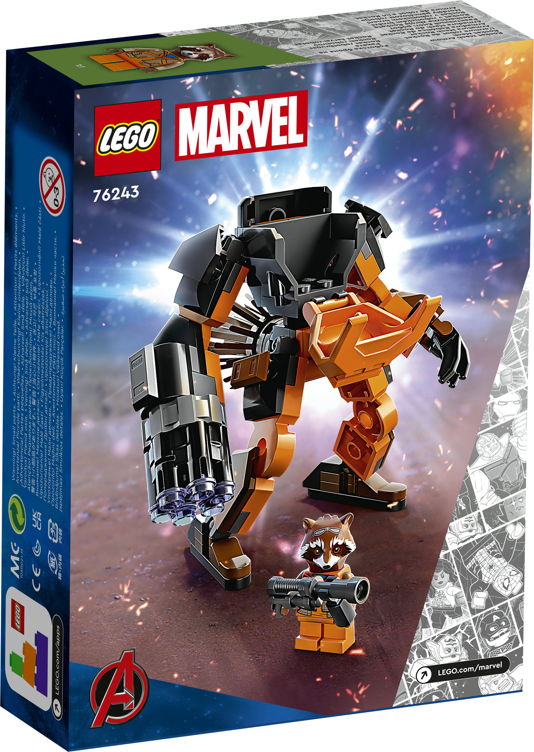 LEGO Marvel Avengers Marvel 76243 Armatura Mech Rocket, Action Figure Supereroe Guardiani della Galassia, Idea Regalo Avengers per Bambini