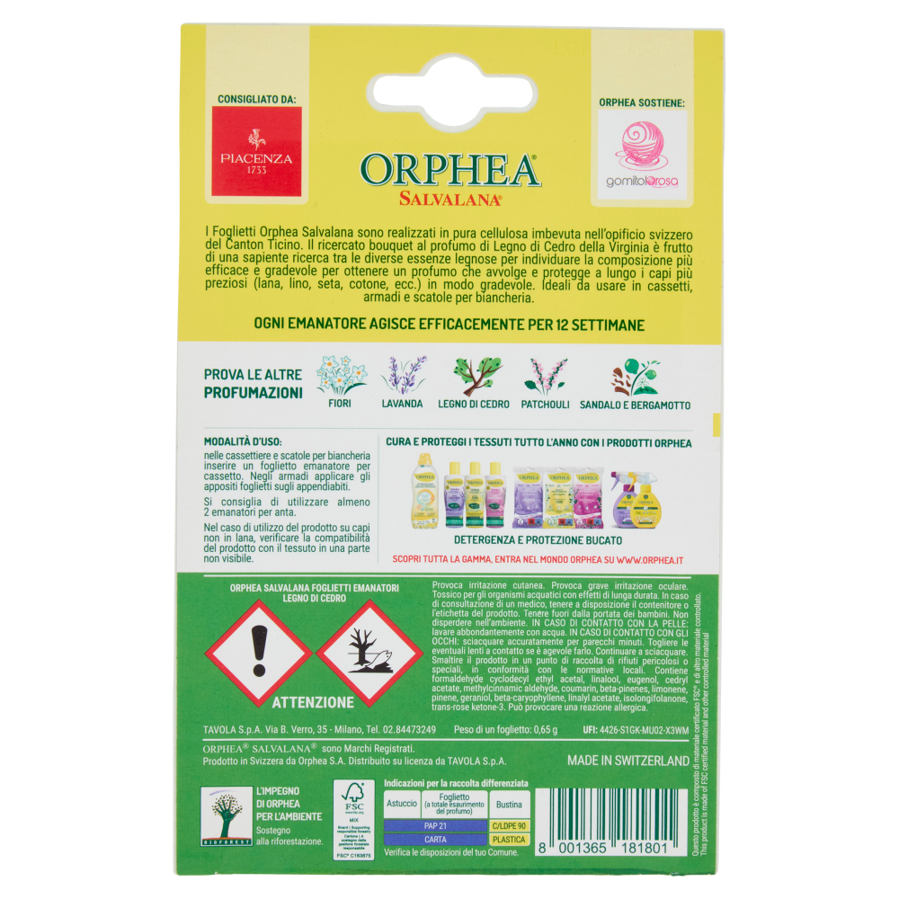 Orphea Salvalana Foglietti per Cassetti e Armadi al Profumo Naturale di Legno di Cedro 12 x 0,65 g