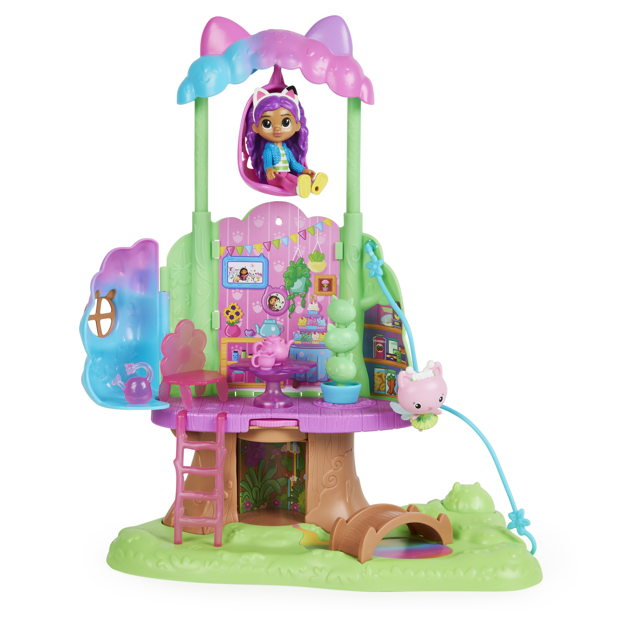 Gabby's Dollhouse , set di gioco trasformabile Garden Treehouse con luci, 2 personaggi, 5 accessori, 1 scatola con sorpresa, 3 mobili, giocattoli per bambini dai 3 anni in su