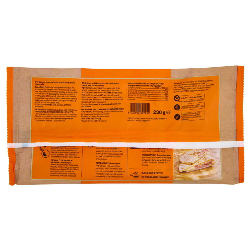 Riccionepiadina il Cassone di Riccione Piadina Prosciutto Cotto di Alta Qualità e Mozzarella 230 g