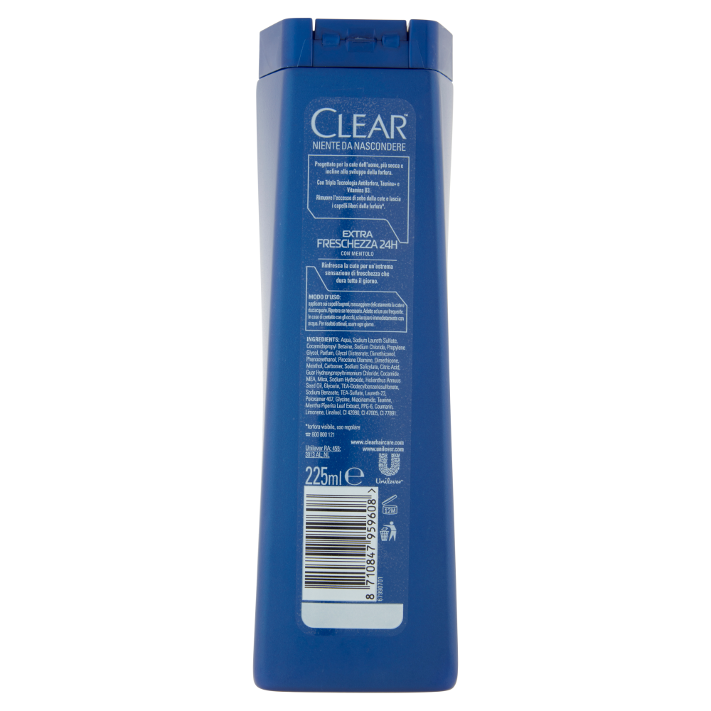 Clear Men Shampoo Antiforfora Extra Freschezza 24H per Tutti i Tipi di Capelli e Cute 225 ml