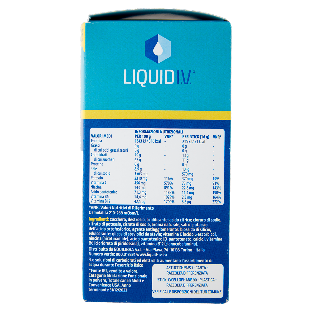 Liquid I.V. Hydration Multiplier Mix di Carboidrati ed Elettroliti in Polvere Lemon Lime 10 x 16 g