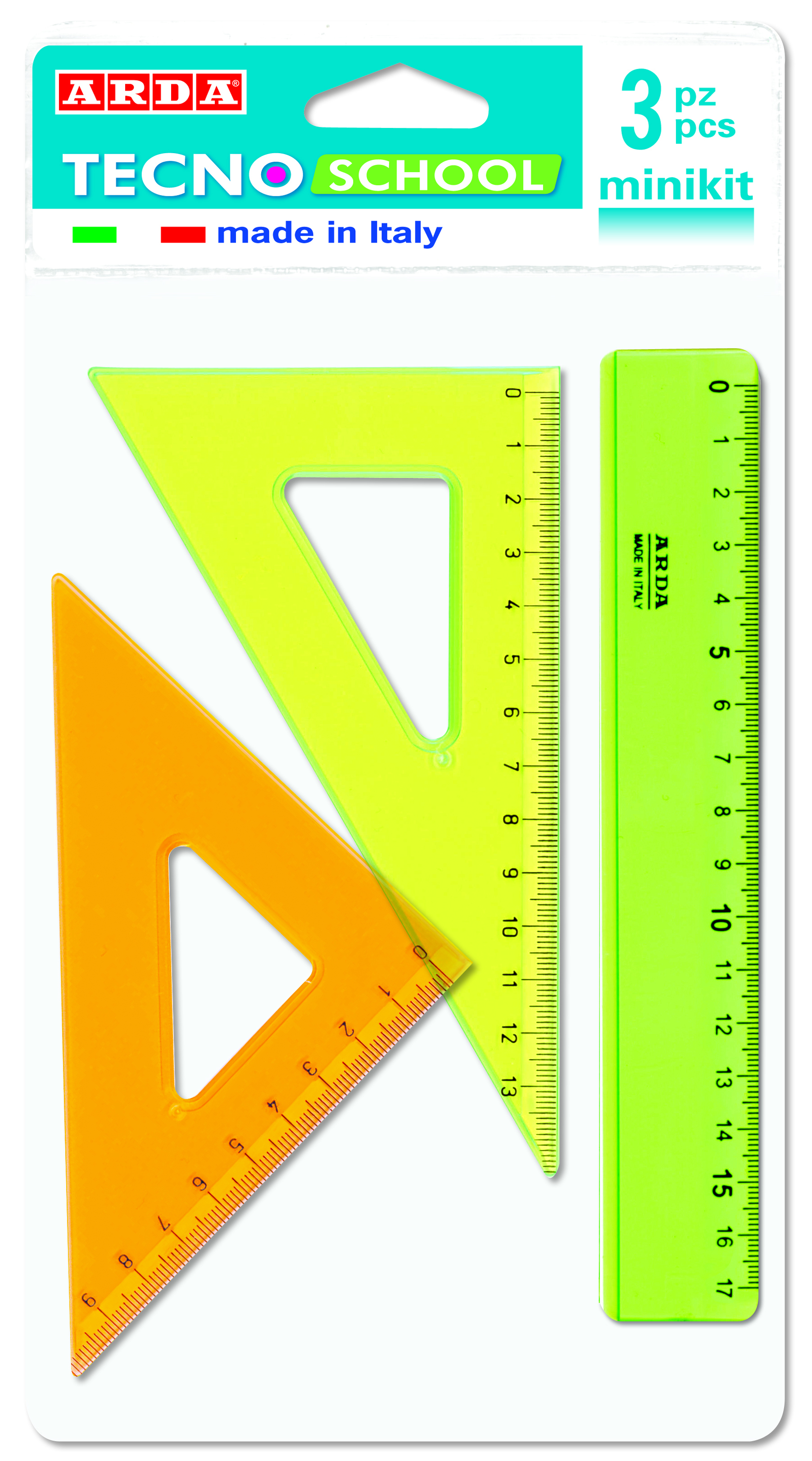 ARDA Miniset 3 Pezzi Riga 17 cm, Squadre 45° E 60° 15 cm Fluo