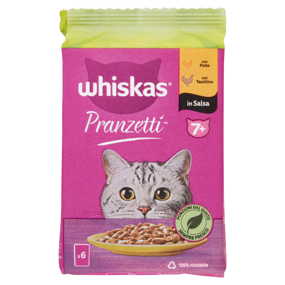 Whiskas Pranzetti con Pollo, con Tacchino in Salsa 7+ 6 x 50 g