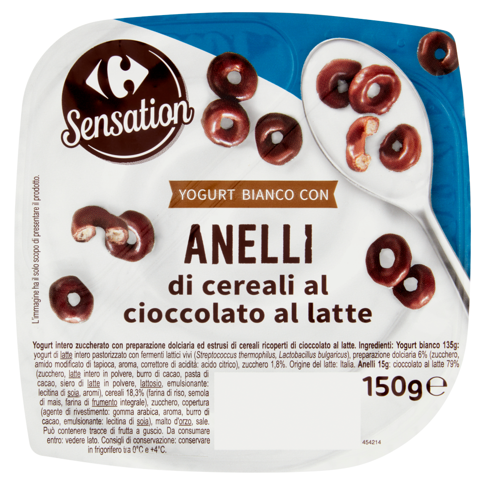 Carrefour Sensation Yogurt Bianco con Anelli di cereali al cioccolato al latte 150 g