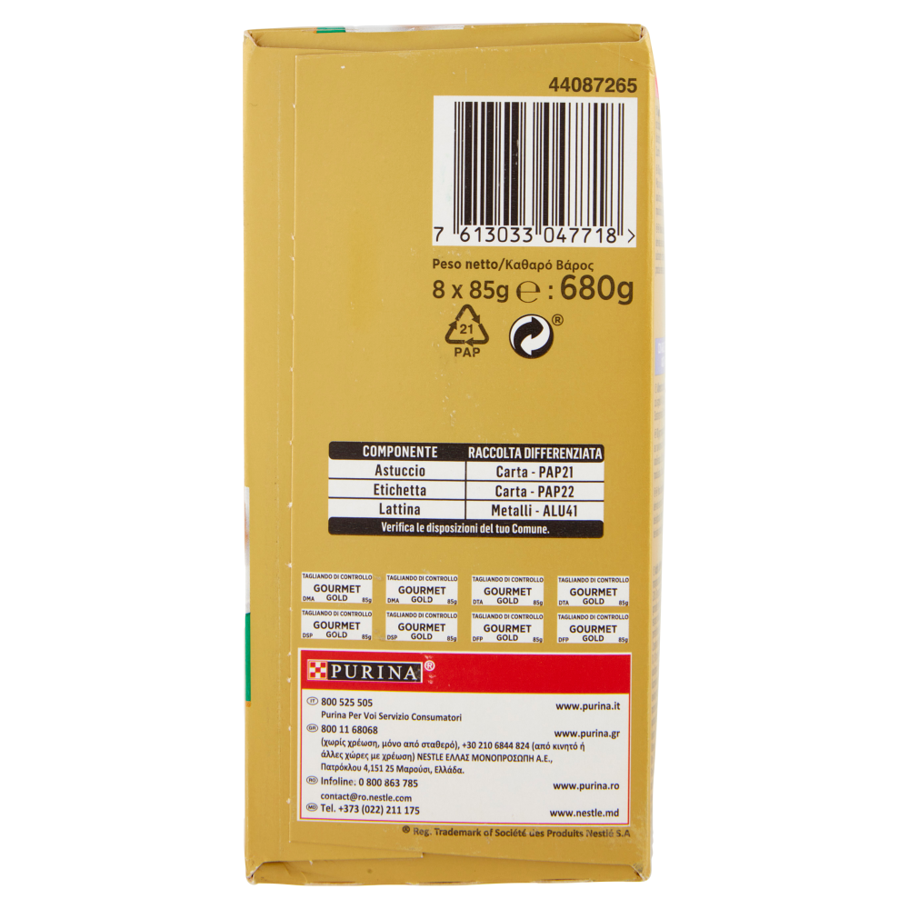 PURINA GOURMET Gold Mousse Verdure Trota&Pom/Anatra&Spinaci/Agnello&Fagiolini/Merluzzo&Carote 8x85g