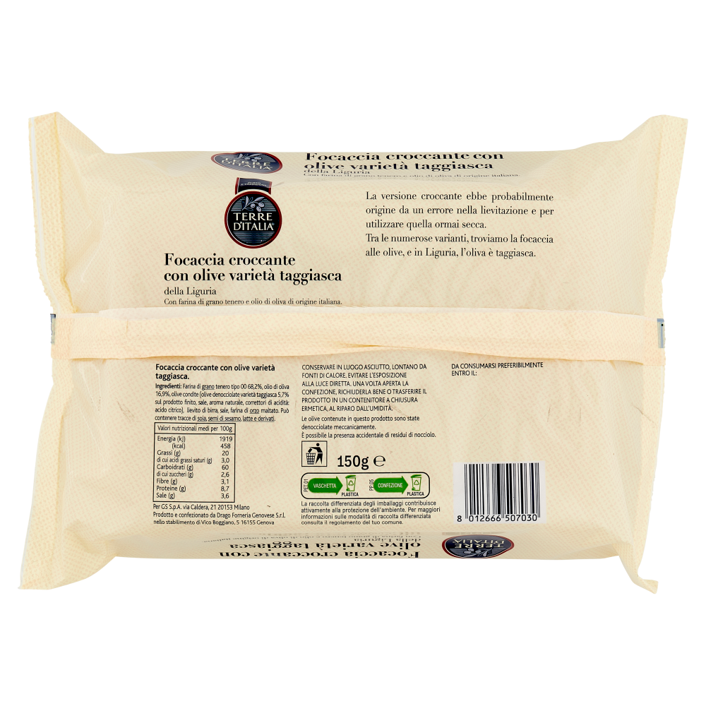 Terre d'Italia Focaccia croccante con olive varietà taggiasca 150 g