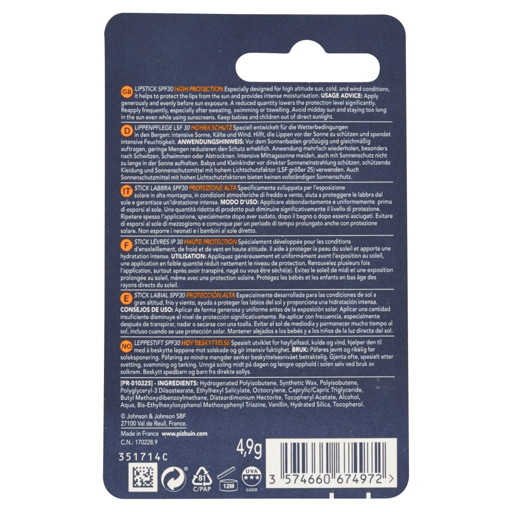 Piz Buin Stick Labbra Montagna, Protezione Alta 30 SPF Filtro Solare Uva/Uvb Mountain Lipstick 4.9g