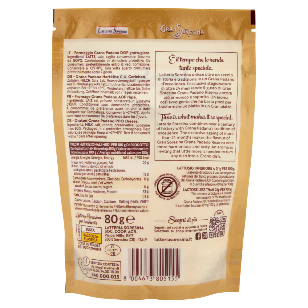Gran Soresina Grana Padano DOP Grattugiato Riserva Oltre 24 Mesi 80 g