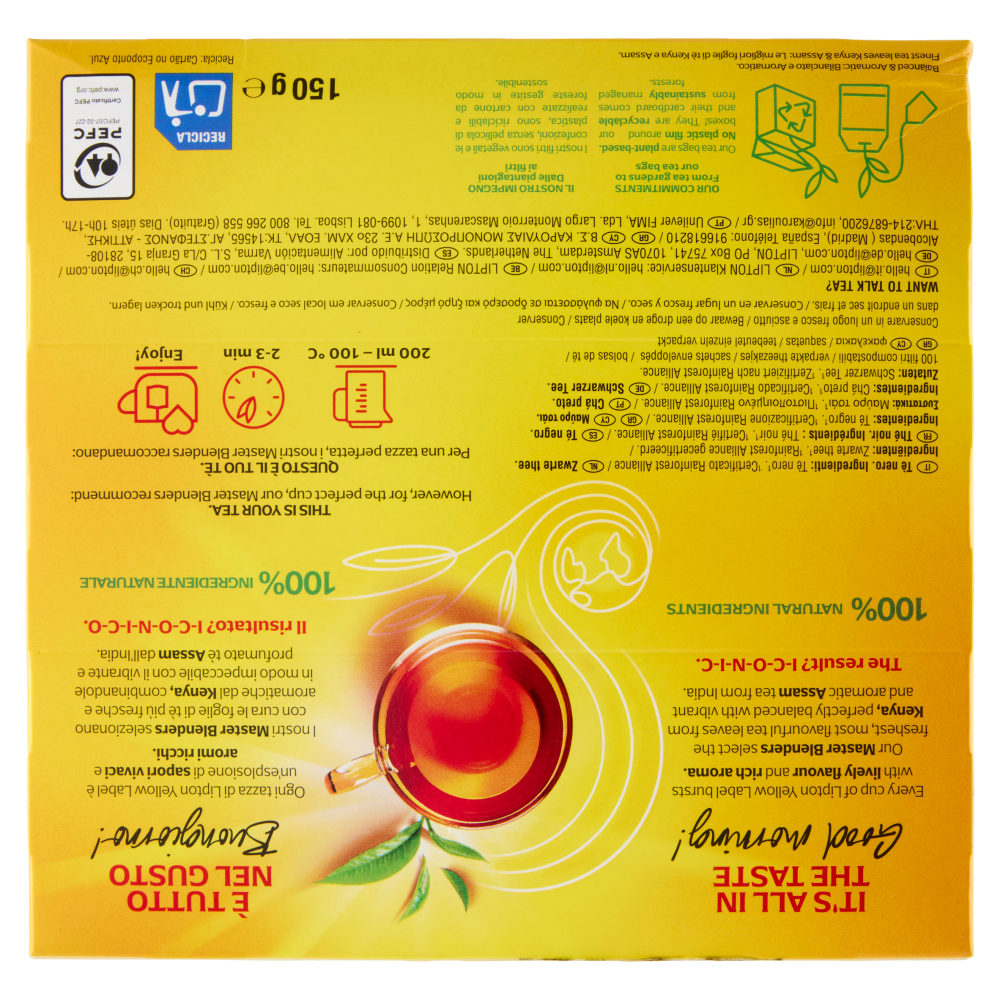 Lipton Yellow Label Classico T&egrave; Nero 100 Filtri Compostabili 150 g