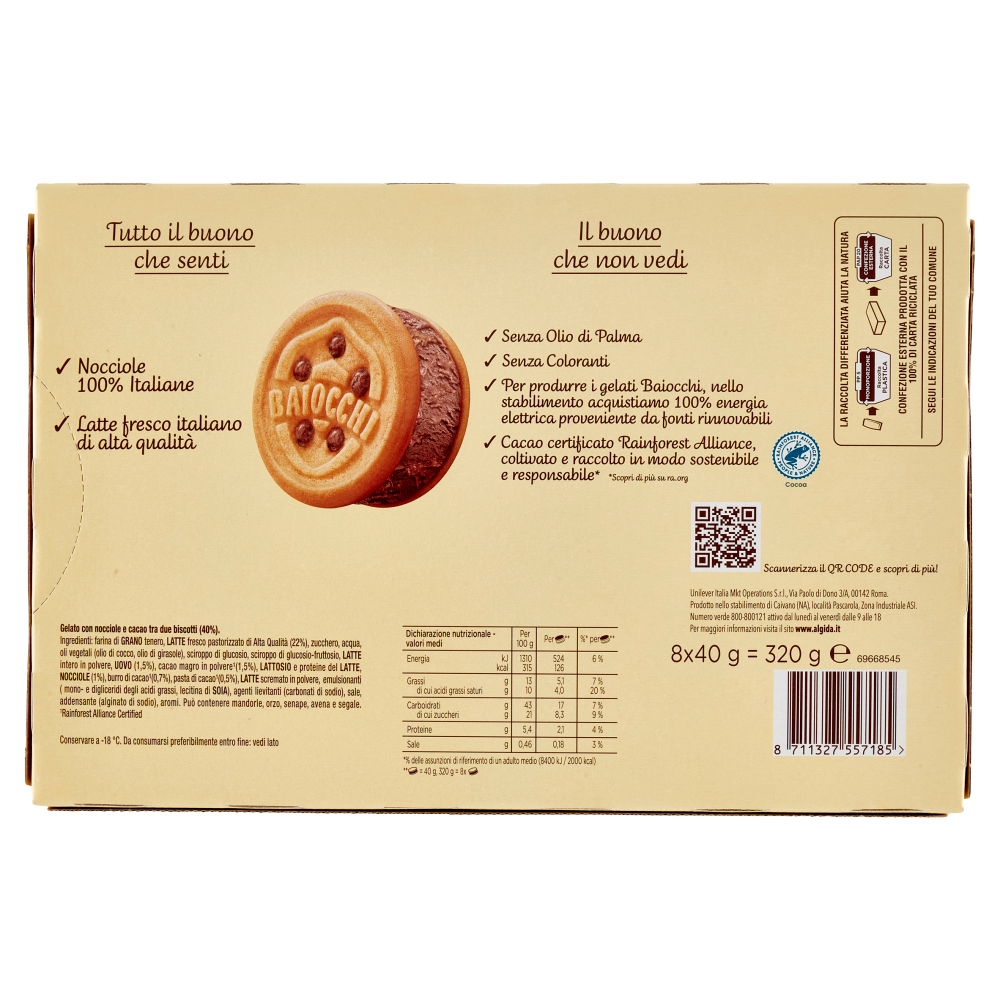 Mulino Bianco Baiocchi Biscotto con Cremoso Gelato con Nocciole e Cacao 8 x 40 g
