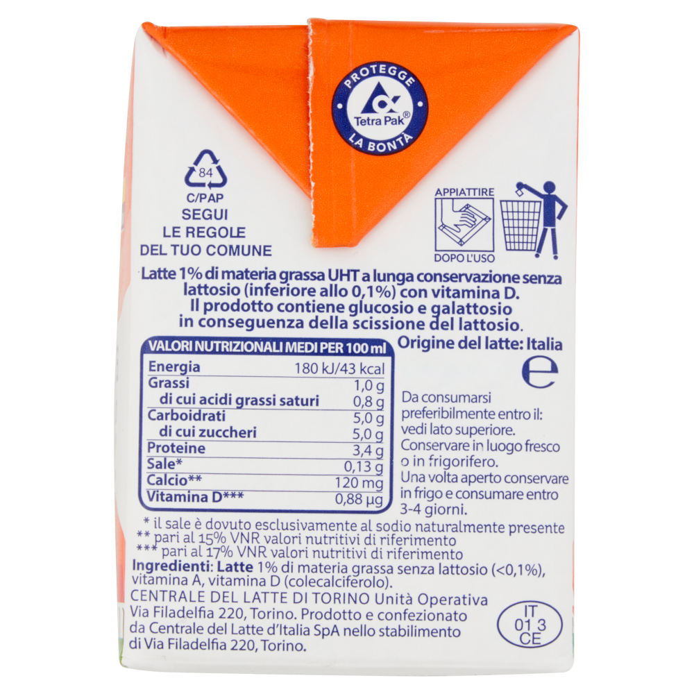 Centrale del Latte di Torino Piemonte Senza lattosio 1% di Grassi con Vitamina D 500 ml